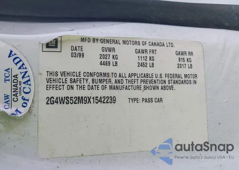 1999 Buick Century Custom из США, поврежденный, VIN 2G4WS52M9X1542239